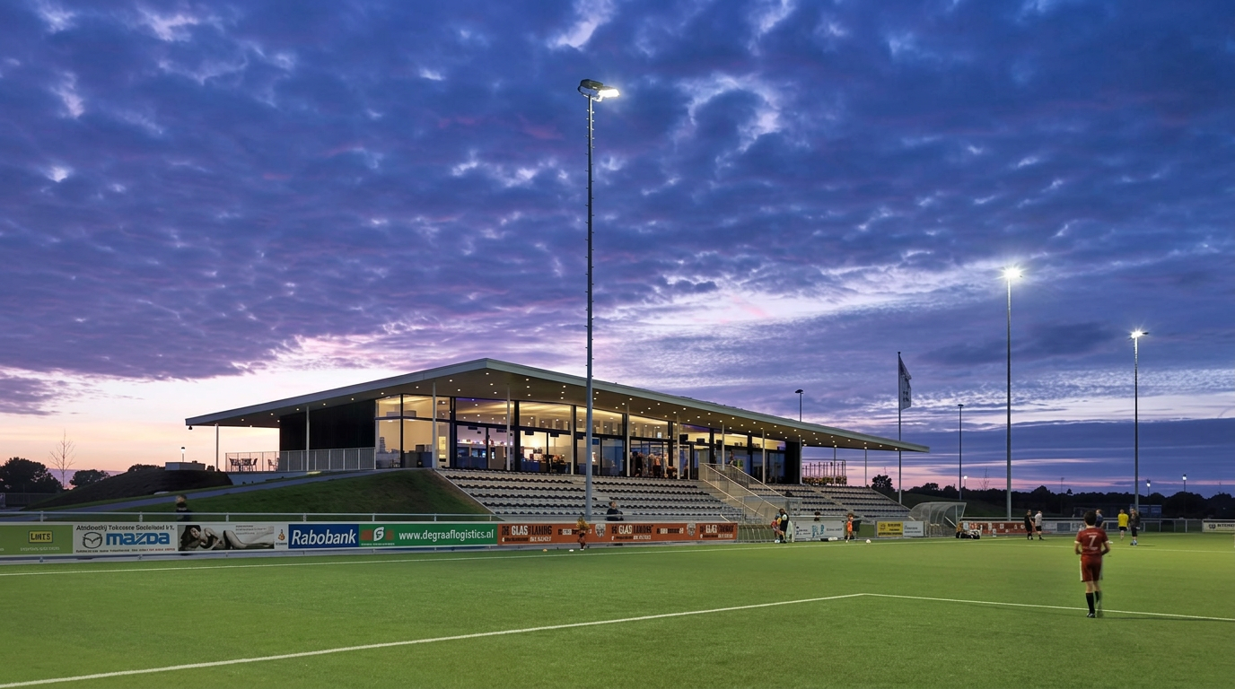 Voetbalveld en clubgebouw van VV Oosterhout bij avondlicht